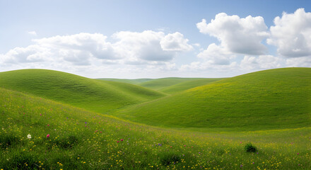 Fototapeta premium Rolling Green Hills Landscape with Cloudy Sky