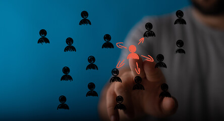 Image depicts a hand selecting a central figure from a network of people, symbolizing leadership, influence, and team dynamics.