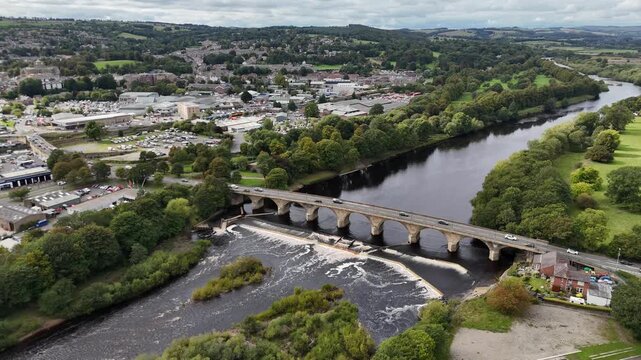 Aerial drone view bridge Hexham north east england northumberland market town city british uk Tynedale