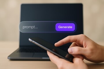 Person using smartphone in front of laptop with AI text prompt and generate button
