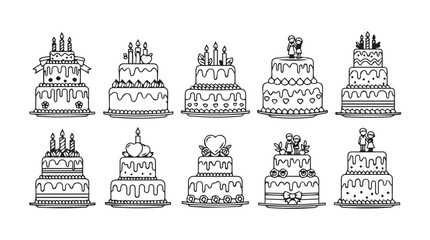 Collection of hand-drawn decorative wedding and celebration cakes with candles and frosting elements vector