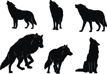 Silhouette illustration of wolves howling, walking, hunting, sitting, standing, black and white vector animal artwork for nature wildlife design