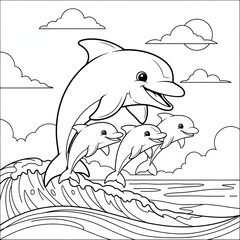 Obraz premium Dolphin family coloring page. Cartoon sea animal illustration. Happy dolphins jumping out of the ocean waves with clouds and a sun in the sky. Printable activity sheet for kids.