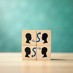 Communication and collaboration concept depicted through wooden blocks with human silhouettes and directional arrows