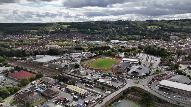 Aerial drone view bridge Hexham north east england northumberland market town city british uk Tynedale