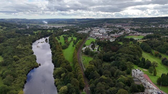 Aerial drone view bridge Hexham north east england northumberland market town city british uk Tynedale