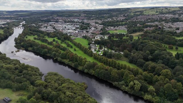 Aerial drone view bridge Hexham north east england northumberland market town city british uk Tynedale river tyne countryside