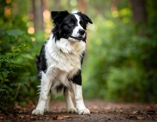 A black and white Border Collie stands on a forest path, alert and attentive