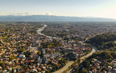 Aerial view of Kutaisi with the Rioni River and Mountains