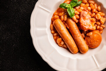 Cassoulet beans with meat and sausage french cuisine vegetables dish natural product tasty snack fresh delicious gourmet food background on the table rustic top view copy space