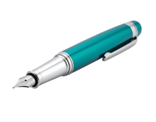 Elegant teal fountain pen with silver accents isolated on transparent background