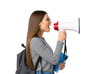 Young woman with megaphone shouting loudly announcing important message or event isolated on transparent background