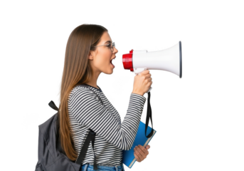 Young woman with megaphone shouting loudly announcing important message or event isolated on transparent background