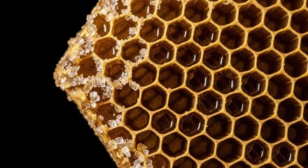 Close up macro shot of fresh golden honeycomb with liquid honey