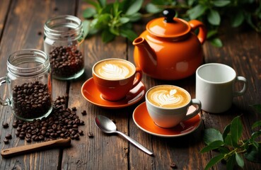 Woman enjoying coffee with latte art in a cozy setting with teapot and jars of coffee beans
