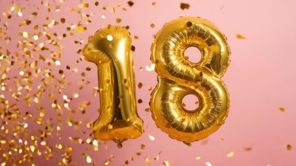 A lively birthday celebration features golden balloons shaped like the number 18, surrounded by colorful confetti falling from above, creating a festive atmosphere - Powered by Adobe
