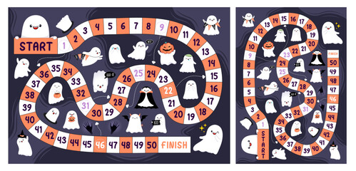 Halloween Kids Board Game Template. Cute Ghosts Step Game in Flat Cartoon Style, Fun Educational Activity Illustration for Children, Kindergarten and School Print