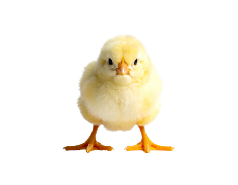 A fluffy yellow baby chick standing and looking forward isolated on transparent background
