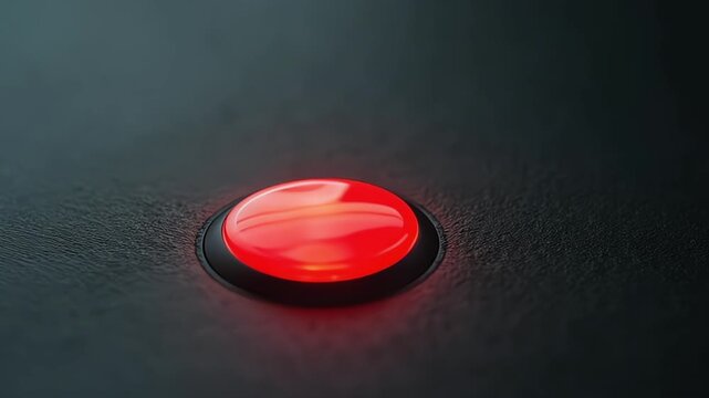 Finger pressing a bright red button on a dark, textured surface in a close up shot
