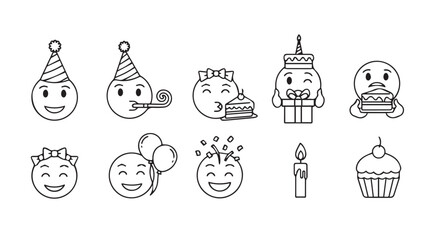 Whimsical birthday emoji set fun celebration icons for festive party designs vector