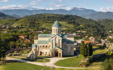 Drone view of Bagrati Cathedral, an ancient Georgian Orthodox church in Kutaisi.