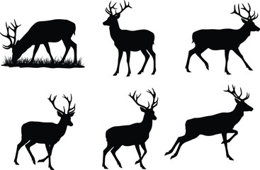 Silhouette vector illustration of deer with antlers in grazing, standing, walking, running poses, wild forest animal design for nature background