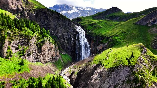 In the Swiss Alps near Adelboden, Engstligenf&auml;lle plunges over sheer cliffs into a wide mountain valley, where forests, grassy meadows, rocky ridges, and snowy summits create a dramatic alpine setting