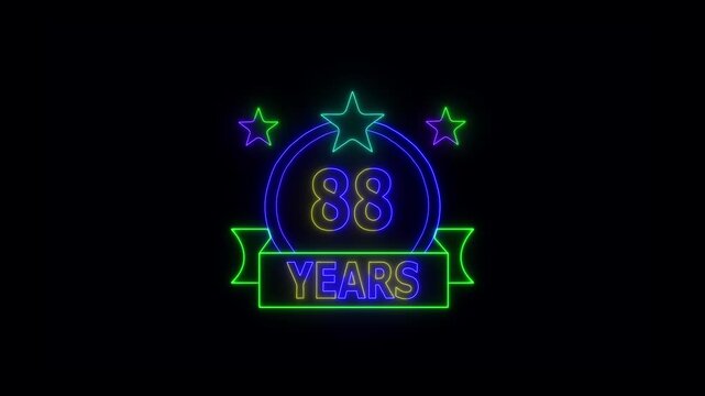 88 Years Anniversary Celebration Neon Sign with Stars and Glowing Banner Highlighting Milestone Achievement and Success.