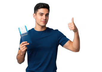 Young man holding a smartphone giving a thumbs up gesture of approval isolated on transparent background