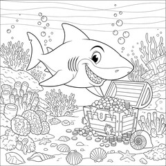 Naklejka premium Cute shark and treasure chest coloring page. Adorable cartoon sea animal illustration. Happy shark swimming near an open treasure chest with gold and coins. Fun coloring sheet for children.