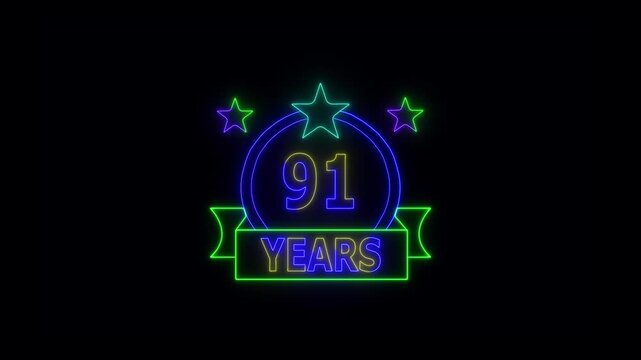 91 Years Anniversary Celebration Neon Sign with Stars and Glowing Banner Highlighting Milestone Achievement and Success.