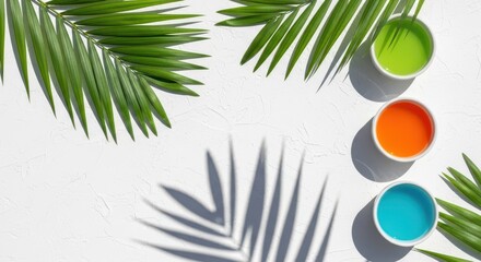 Colorful liquid paints and green palm leaves casting shadows on a white background