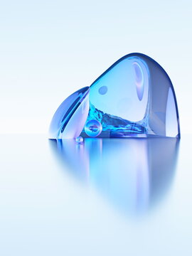 Abstract glass style background with surreal lendscape visible in reflection of organic shape 3D
