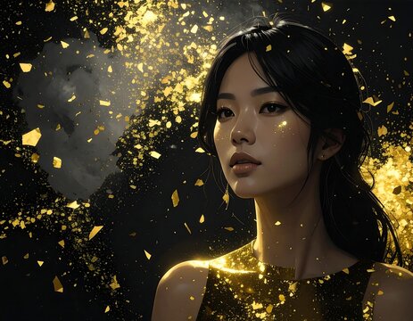 A young woman with dark hair and subtle makeup gazes serenely, adorned in a shimmering gold dress amidst a flurry of golden confetti