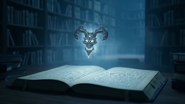 A dark, demonic, horned skull emblem floating above an open, ancient magical grimoire or spellbook in a dimly lit, mysterious library or occult archive with towering bookshelves.

