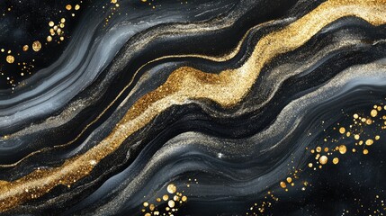 Elegant Black and Gold Abstract Art with Glittering Accents and Fluid Marble-like Texture