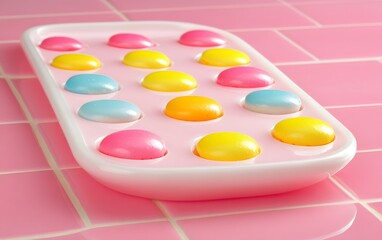 Colorful Candy in Pink Tray on Pink Tiles Background