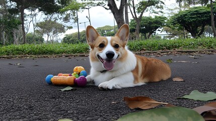 Happy Pembroke Welsh Corgi Dog Playing in Park with Toys