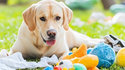 Adorable Golden Labrador Retriever Playing with Toys in Grass