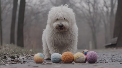 Fluffy White Dog with Colorful Balls in Foggy Park