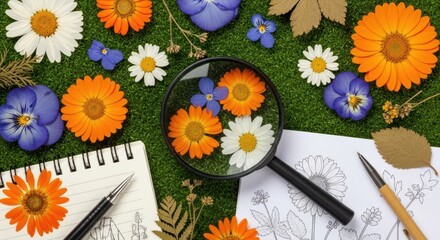 Collecting and Documenting Wildflowers with Magnifying Glass and Notebook