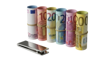Meticulously fanned Euro banknotes (10-500) and sleek silver money clip on transparent background, bright studio lighting, macro, concept of financial wealth and precision