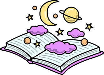 Open Book with Celestial Sky Illustration