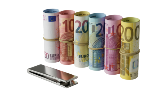 Meticulously fanned Euro banknotes (10-500) and sleek silver money clip on transparent background, bright studio lighting, macro, concept of financial wealth and precision