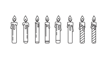 Set of hand drawn outline burning candles with dripping wax and flame icon collection vector