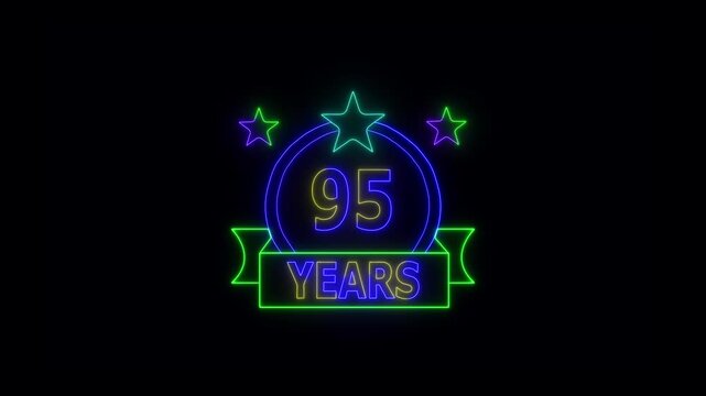 95 Years Anniversary Celebration Neon Sign with Stars and Glowing Banner Highlighting Milestone Achievement and Success.