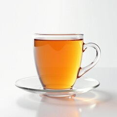 Transparent glass cup filled with amber tea on a white background, isolated close-up for beverage design and branding
