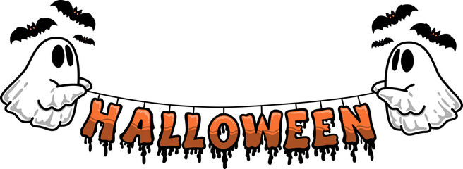 Halloween Banner with Cartoon Ghosts Illustration