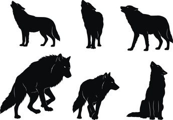 Wolf silhouette illustration set, howling wolf vector art, wild animal clipart, forest predator graphic design, canine wildlife artwork, nature symbol