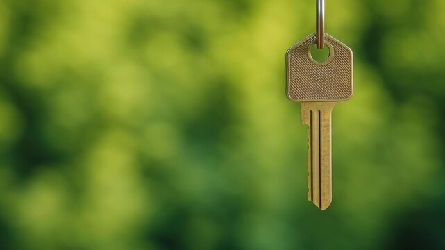 House key hanging on metal keyring close up with blurred green nature background symbolizing security lock and new home opportunity